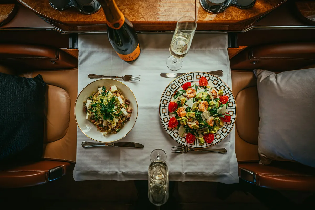 Lunch served at a table on board, seen from above